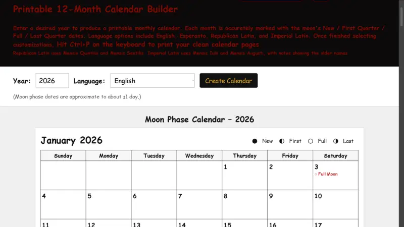 Preview of the calendar creator and moon-phase calendar