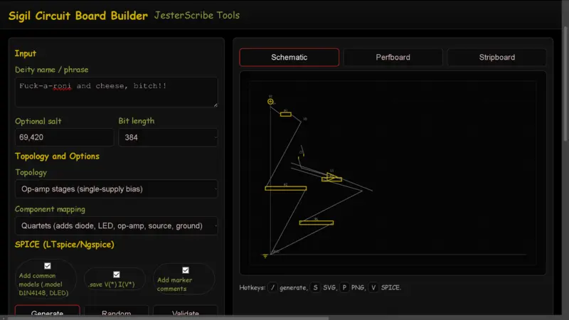 Preview of the circuit builder inputs and generated schematic