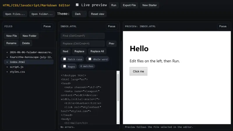 Preview of the editor v2.0 file tree, code editor, and live preview panes