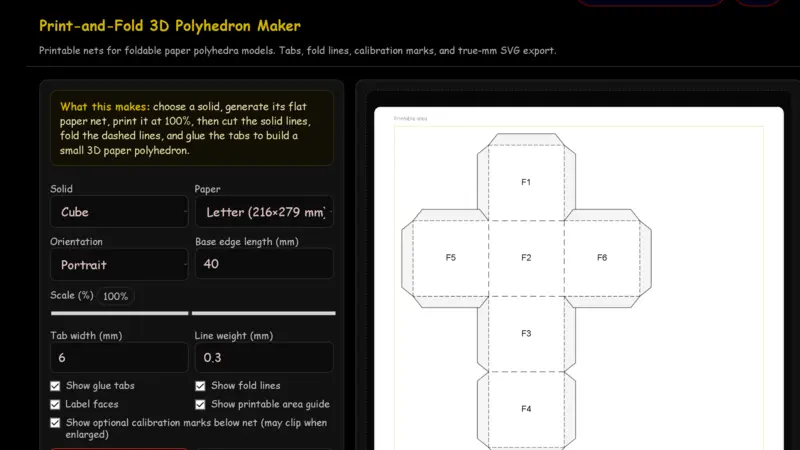 Preview of the polyhedron controls and printable cube net