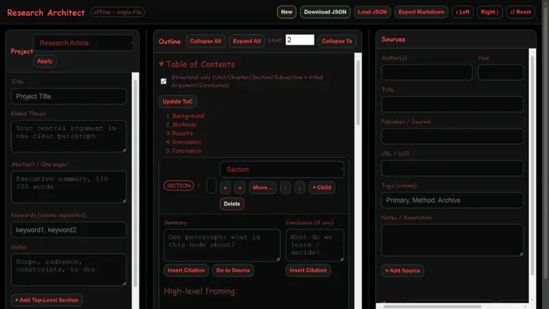 Preview of the Research Architect project, outline, and sources panels