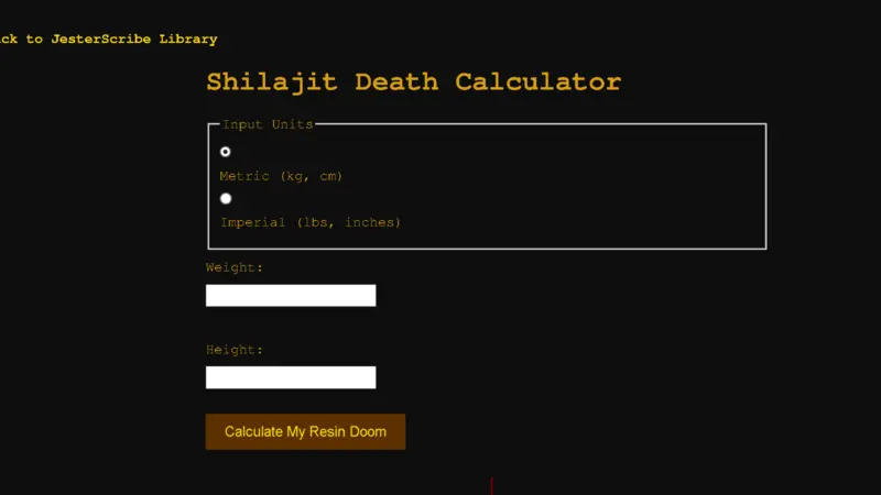 Preview of the Shilajit Death Calculator input form