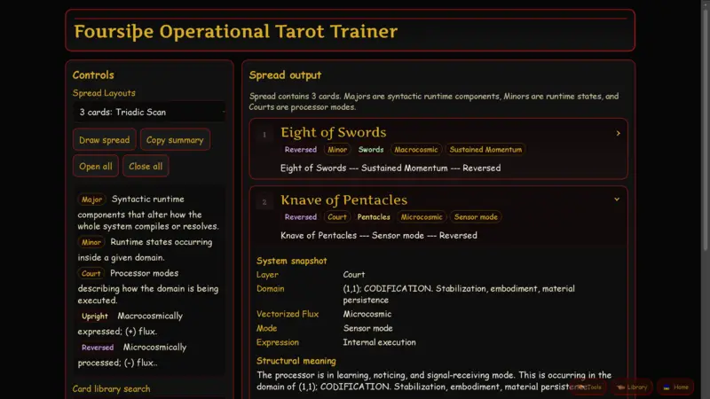 Preview of the operational Tarot trainer controls and card spread