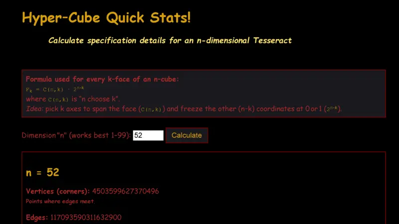 Preview of the hyper-cube quick-stats formula, input, and results