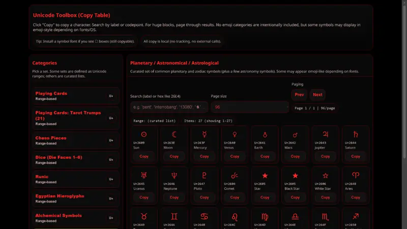 Preview of Unicode symbol categories and copyable character cards